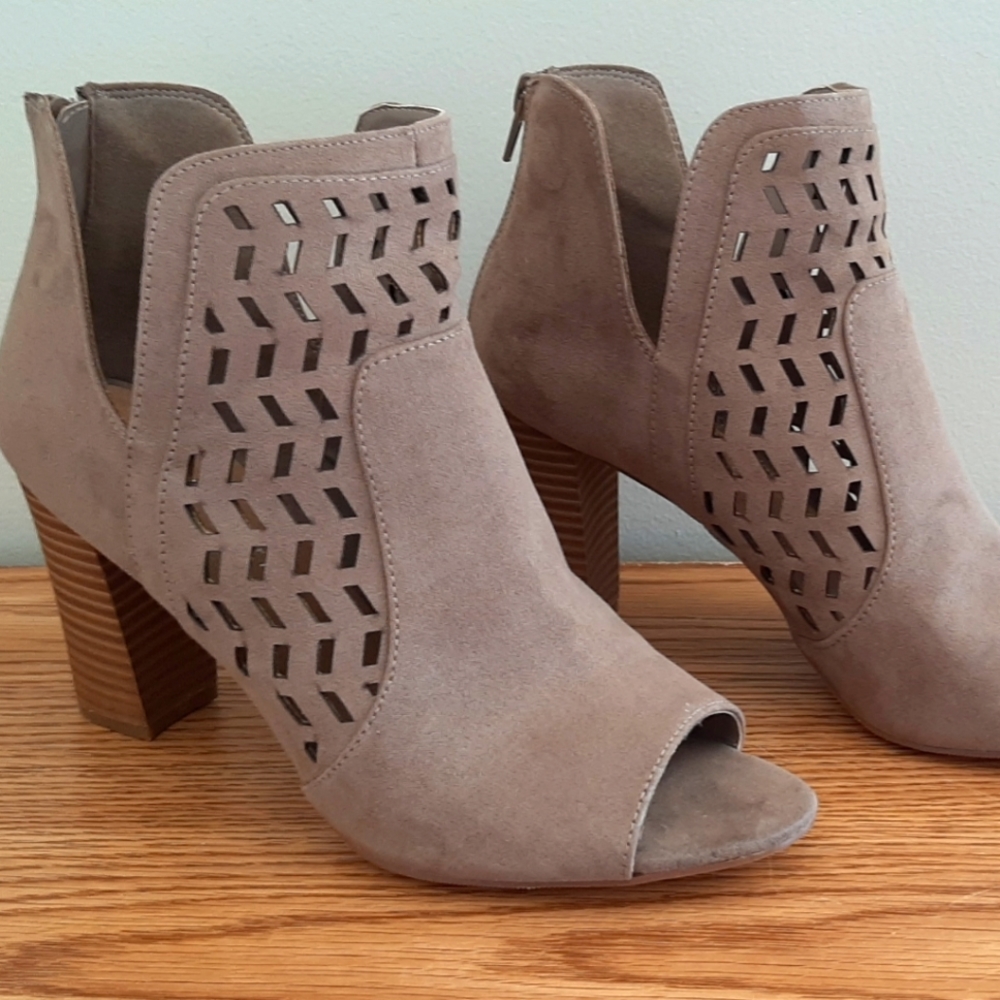 Tan suede booties with wood heel